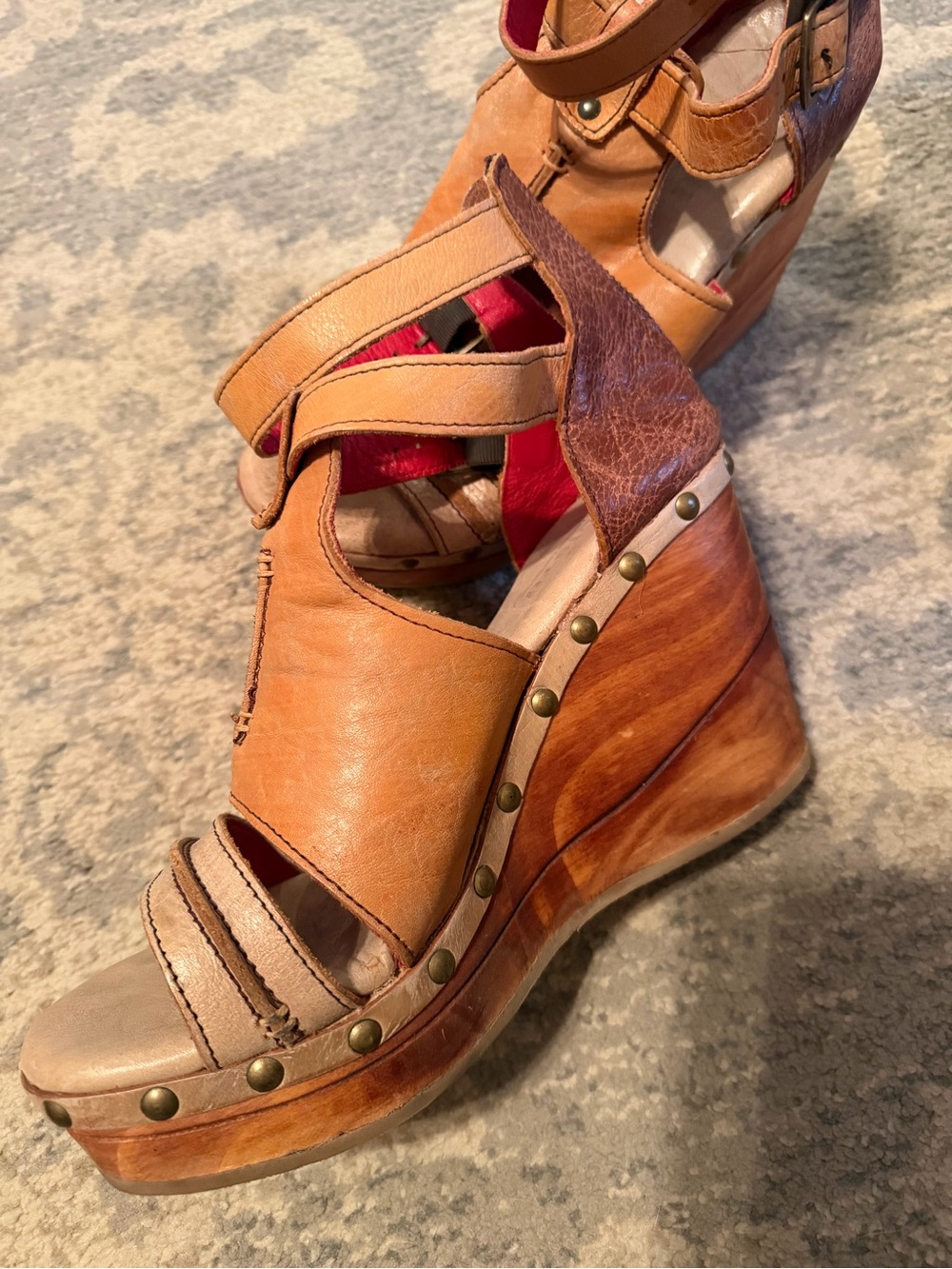 Bed Stu Tan Leather Studded Wedge Sandals - Picture 5 of 6